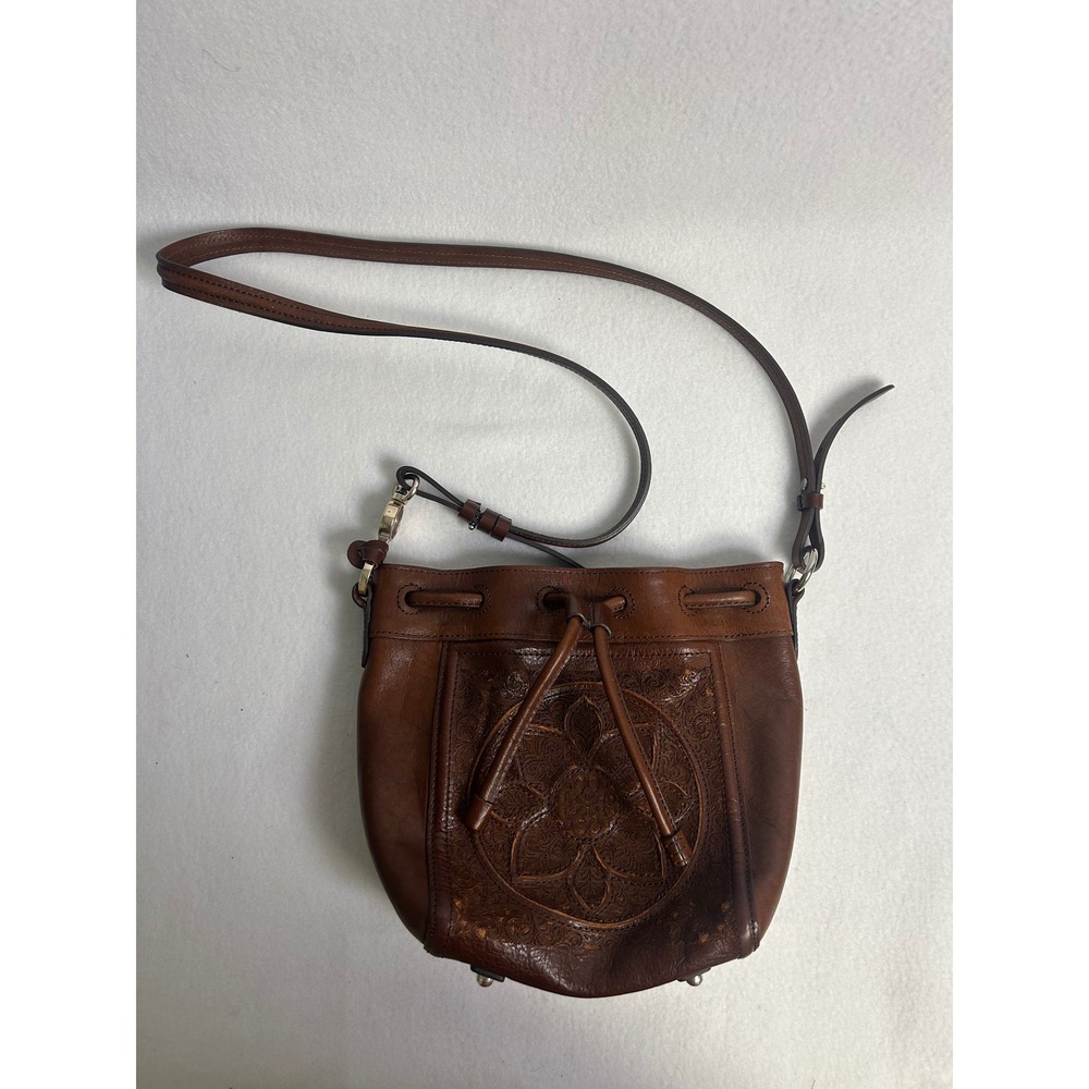 Western Boho Brighton Women Brown Tooled Leather Drawstring Bucket Crossbody Bag